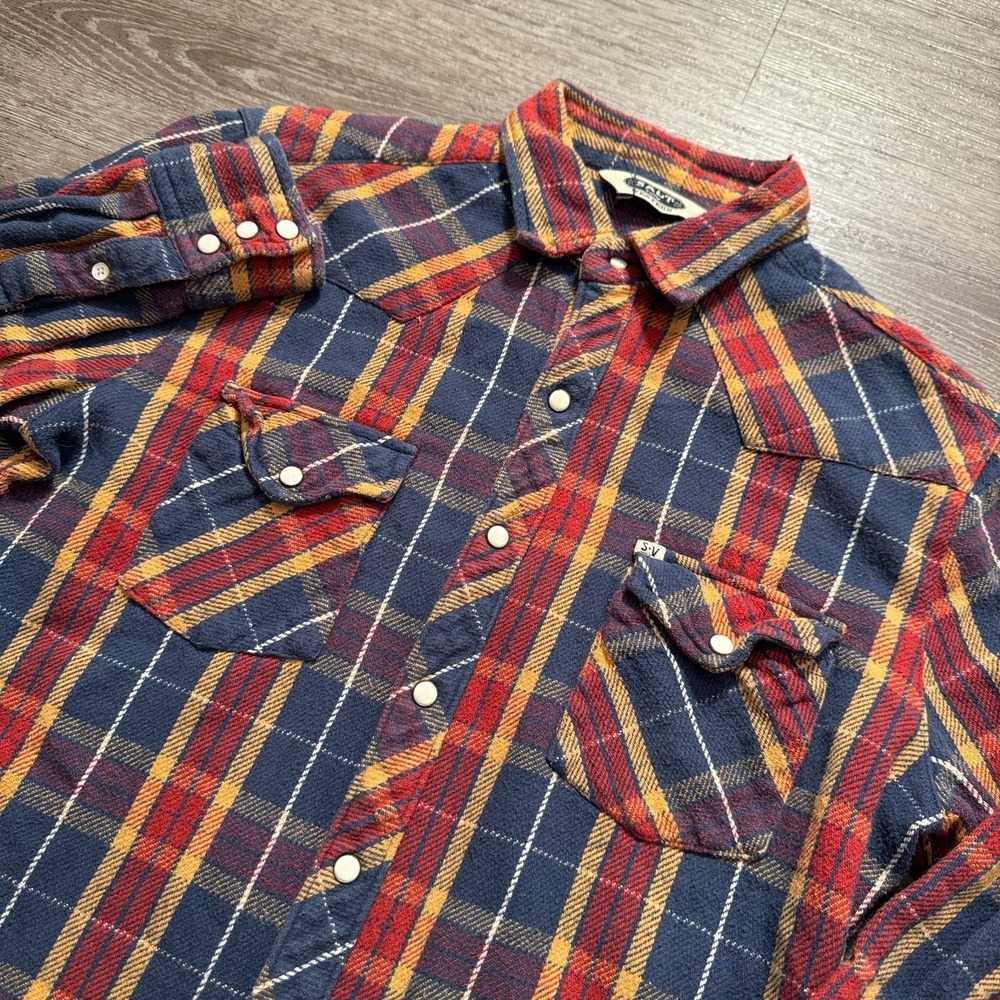 Salt Valley Shirt Mens Medium Western Plaid Flannel Pearl Snap Thick Cotton Navy